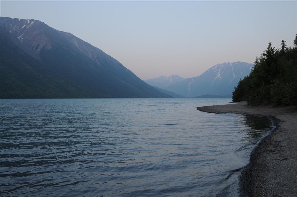 Kenai Lake made a fine view for a dinner of instant ramen noodles. 