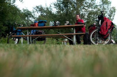 Our first payed campsite of the trip. Lush grass and a bench included. 