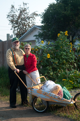 Richard and Maggie lead a car free life, which is saying something in Canada. The house is full of creativity, a splash of colours and papier mashe animals – a bookshelf in the shape of a giraffe, and a magazine rack that resembles a Zebra. With his volumous beard, braces and stripey, Richard cuts quite a character.