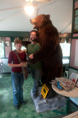 Jay and Michelle, a mapmaker and a tree planter, kindly agreed to pose by this grizzly for a sense of scale. They asked me if I talk to myself while I ride. I had to think a little. No, no conversations, though I do make the odd comment. 