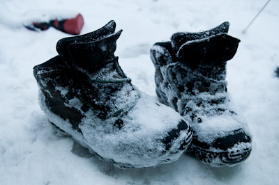 A cold night ensued. Here's my boots in the morning, which had turned into ice blocks. 