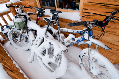 The bikes didn't have the luxury of a warm heater. We had to pour hot water over them to free up gears and brakes. 